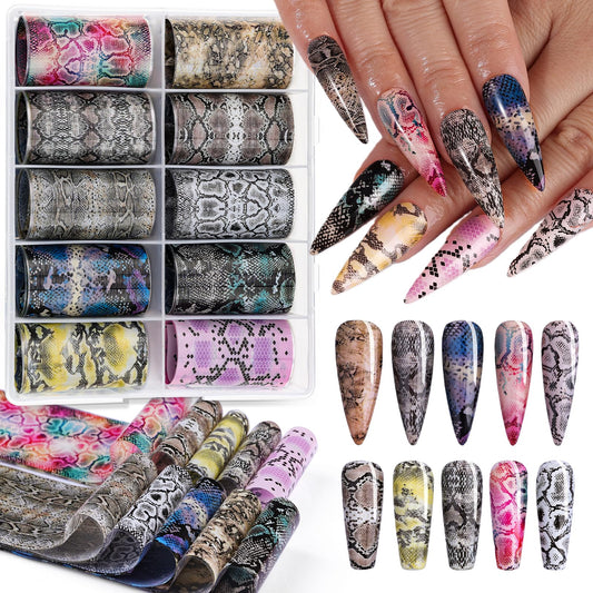 Snake Nail Foil Transfer Stickers, 10PCS Python Skin Holographic Foils, Starry Sky Laser Nail Art Decals & Adhesive Transfer Paper for Acrylic Gel Nails, Manicure Supplies and Nail Decorations