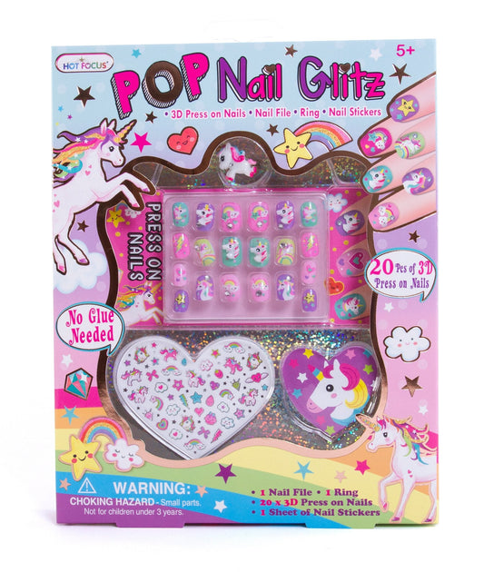 Hot Focus Unicorn Nail Art Kit - 3D Press On Nails, Stickers, File & Ring - 65 Piece Set for Girls 5+