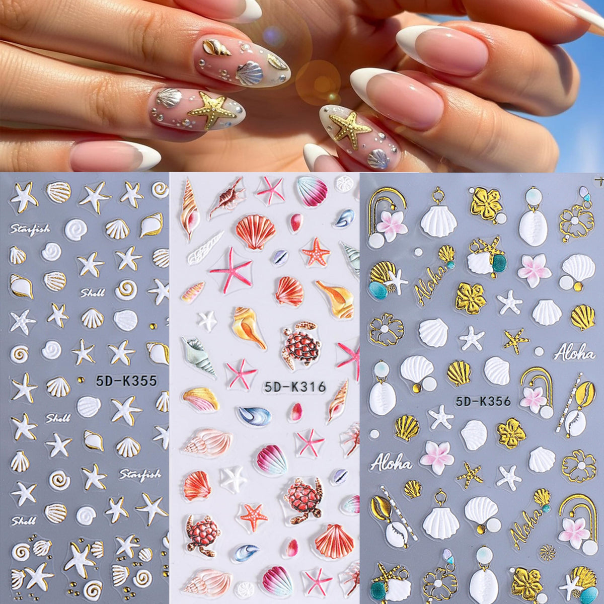 3 Sheets Summer Beach Ocean Nail Art Stickers 5D Embossed Summer Nail Decals Starfish Flower Seashell Nail Stickers Summer Sea Beach Nail Design Hawaiian Flower Nail Supplies for Women Manicure DIY