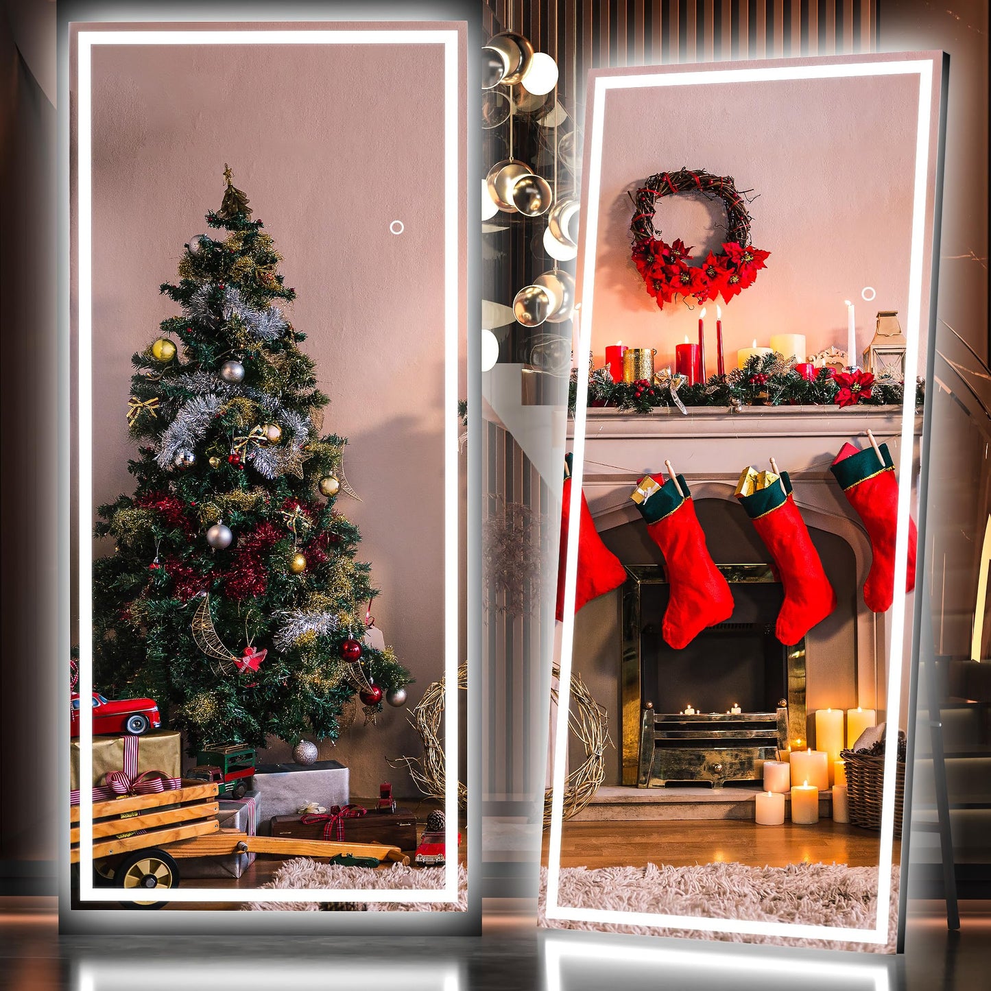 Hasipu Oversized 79” x 32" Full Length Mirror with Lights, LED Lighted Floor Standing Mirror, Full Body Dressing Hanging Mounted Mirrors, Dimmable, Tempered Glass, Safe to Use, Square Black