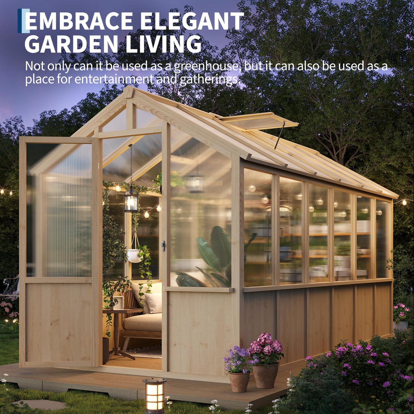 6x12 FT Greenhouse - Large Wooden Greenhouses for Outdoors, Heavy Duty Spruce Frame Greenhouse with PC Panels, Adjustable Roof Vents & Lockable Door, Walk-in Green Houses for Garden, Backyard, Patio