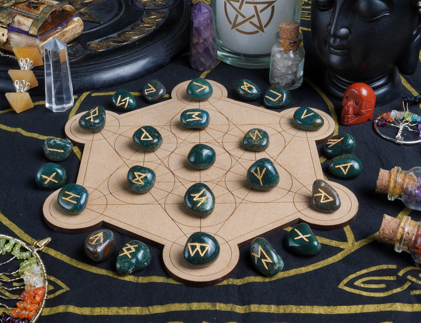 Crocon Green Bloodstone Rune Stones Set Engraved with Elder futhark Crystal Runes Set, Reiki Healing runas for Meditation Chakra Balancing Rune Stone for Beginners with Crystal Guide & Pouch 15-20 mm