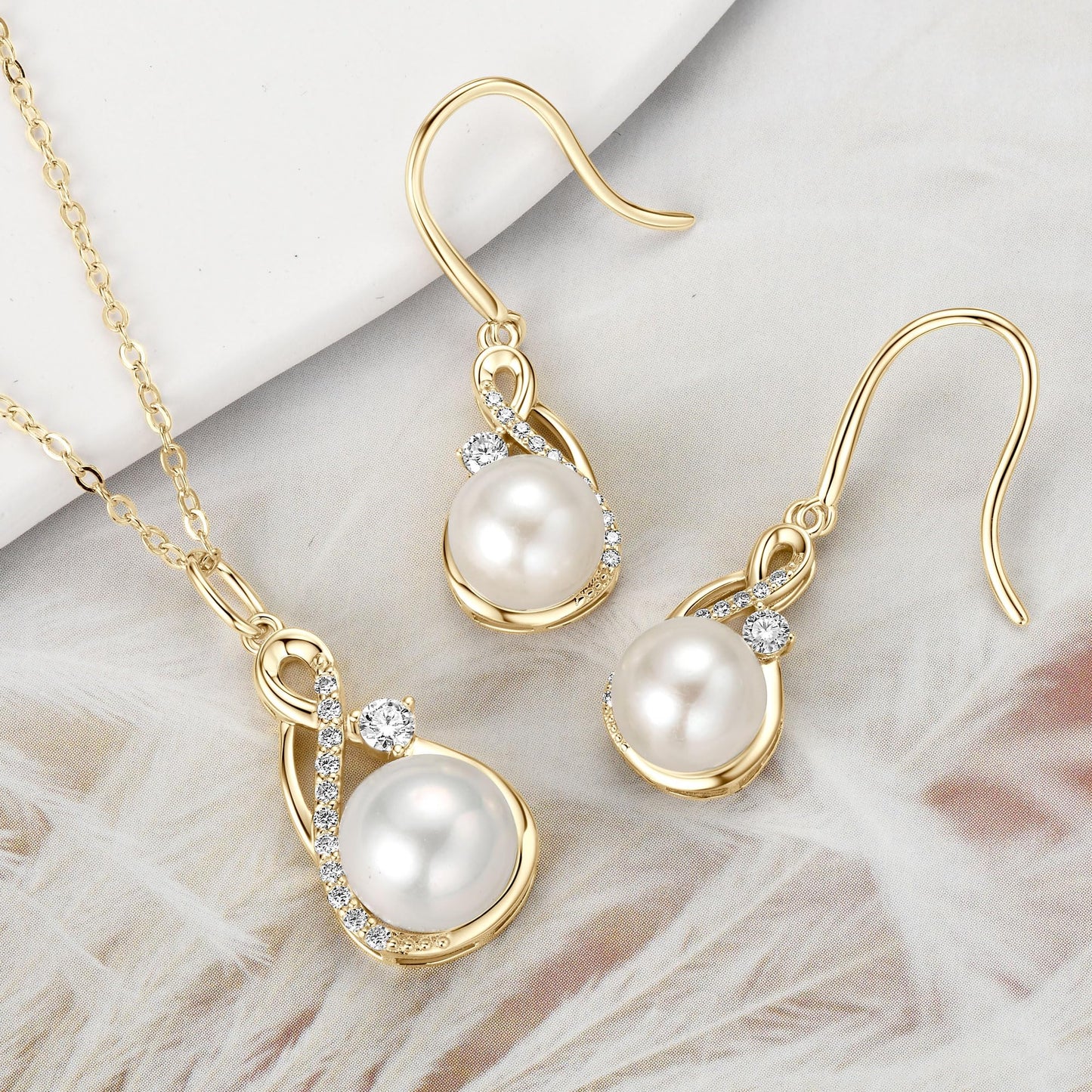 DENGGUANG Sterling Silver Pearl Jewelry Set with Moissanite, Real Freshwater Pearl Earrings Necklace for Women, Gold Plated Wedding Jewelry for Brides Bridesmaid, Mother's Day