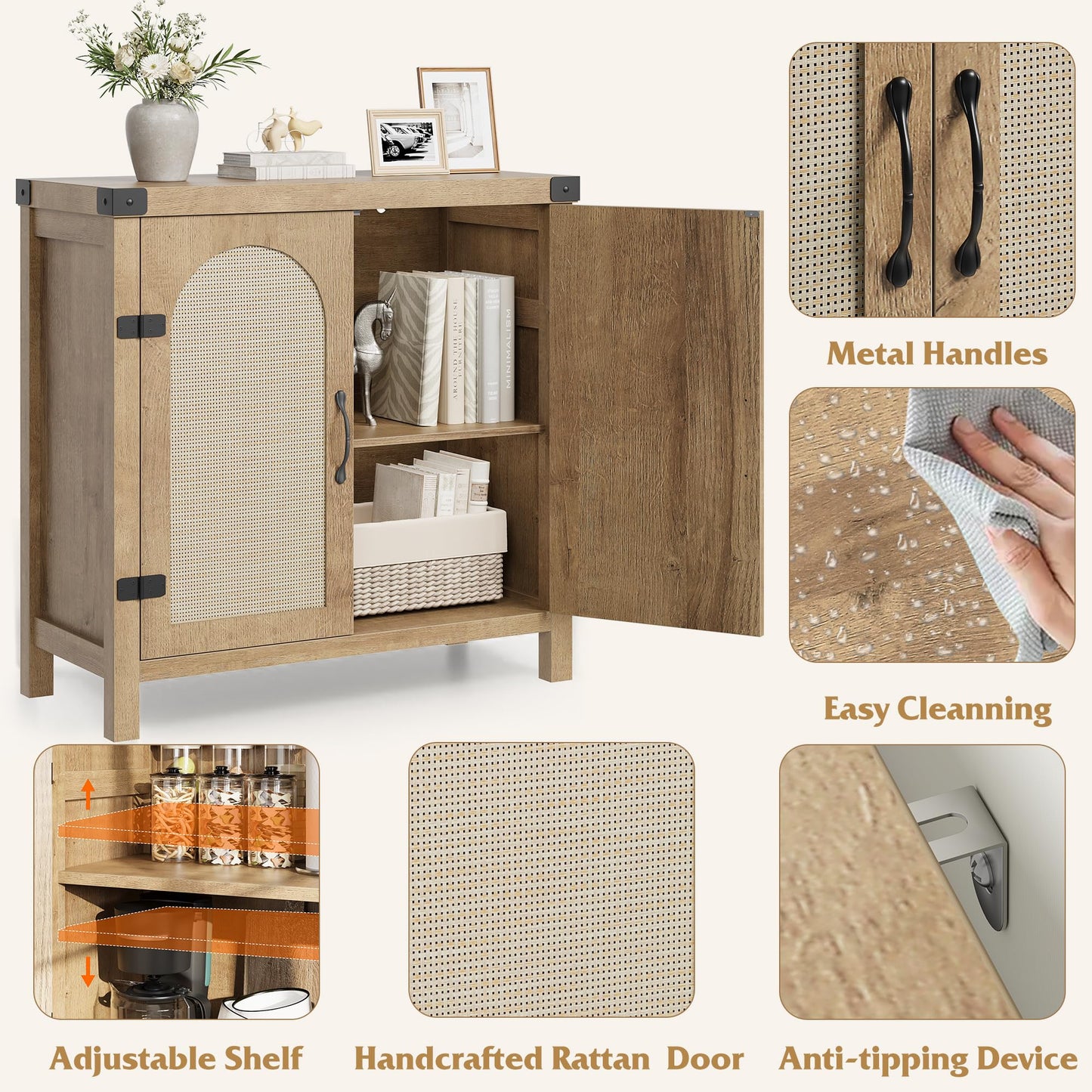 GarveeHome Rattan Sideboard Buffet Cabinets with Storage, Farmhouse Kitchen Accent Storage Cabinet, Boho Wooden Coffee Bar Cabinet for Dining Room, Living Room, Hallway, Natural