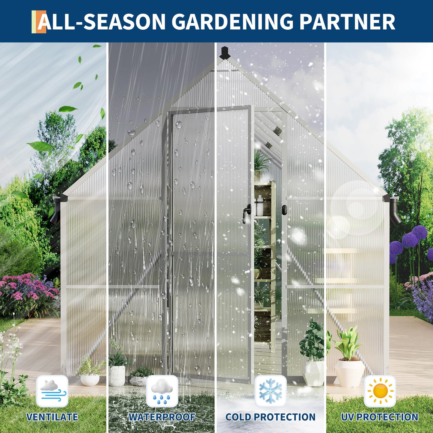 8X16 ft Polycarbonate Greenhouse with Aluminum Frame, Polycarbonate Greenhouse for Outdoors, Greenhouses with Ventilation and Rain Gutter, Aluminum Large Walk-in Greenhouses for Outside