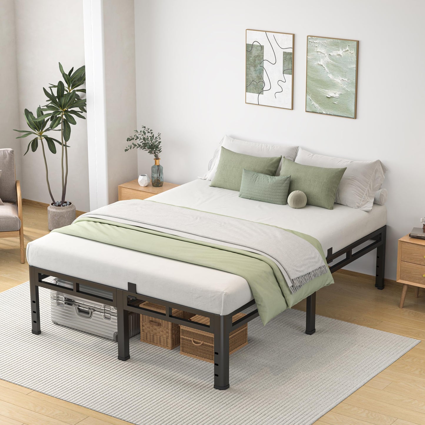 NKZ Queen Size Bed Frame 14 Inch, Metal Bed Frame & Box Spring 2 in 1 Platform with Round Corner Legs, 4000lbs Weight Capacity Reinforced Metal Frame, Headboard Hole, Noise-Free, Easy Assembly
