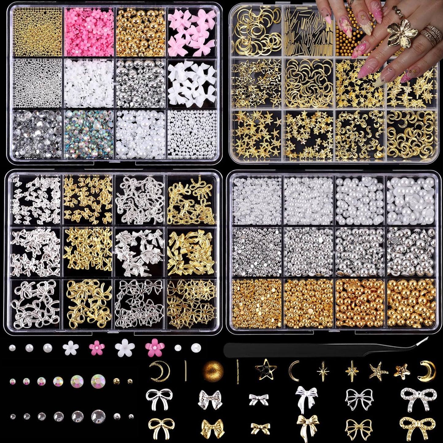 48 Grids Nail Charms Kit with Rhinestones for Nails, 3D Kawaii Bows Flowers Charms for Nails, Metal Star and Moon Bow Nail Art Charms DIY Manicure Art