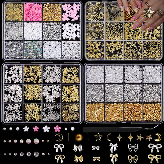 48 Grids Nail Charms Kit with Rhinestones for Nails, 3D Kawaii Bows Flowers Charms for Nails, Metal Star and Moon Bow Nail Art Charms DIY Manicure Art