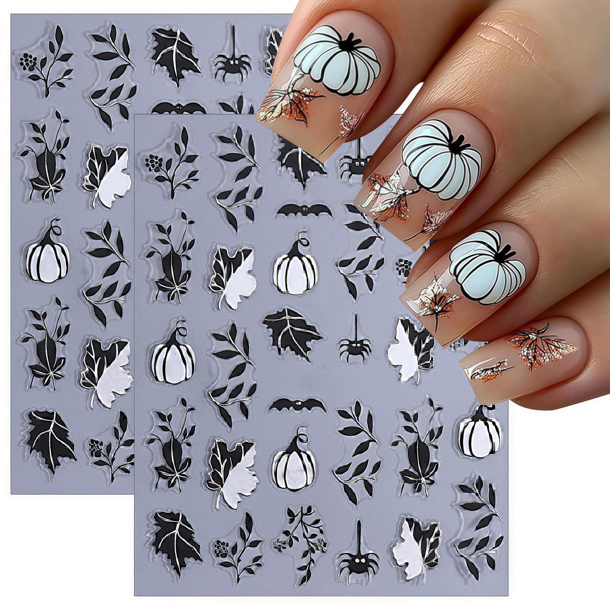 8 Sheets Halloween Nail Stickers 3D Self-Adhesive Glitter Pumpkin Ghost Black Leaf Nail Decals Gold Silver Pumpkin Spider Web Bat Design Nail Stickers for Halloween Party DIY Manicure Kit Decoration