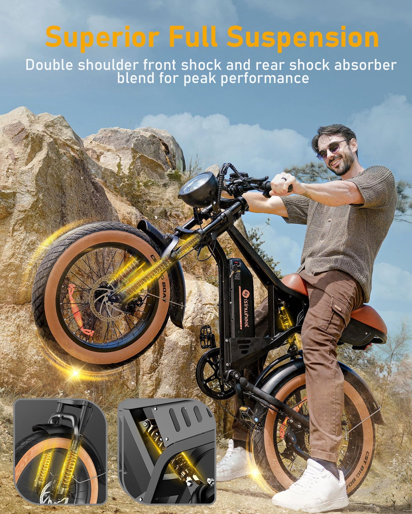 R6 Retro Electric Bike for Adults 1500W Motor, 20MPH, Max 75 Miles Electric Motorcycle, 20" Fat Tire Electric Dirt Bike, Shamano 7-Speed E-Bike Full Suspension, R/L Turn Headlight