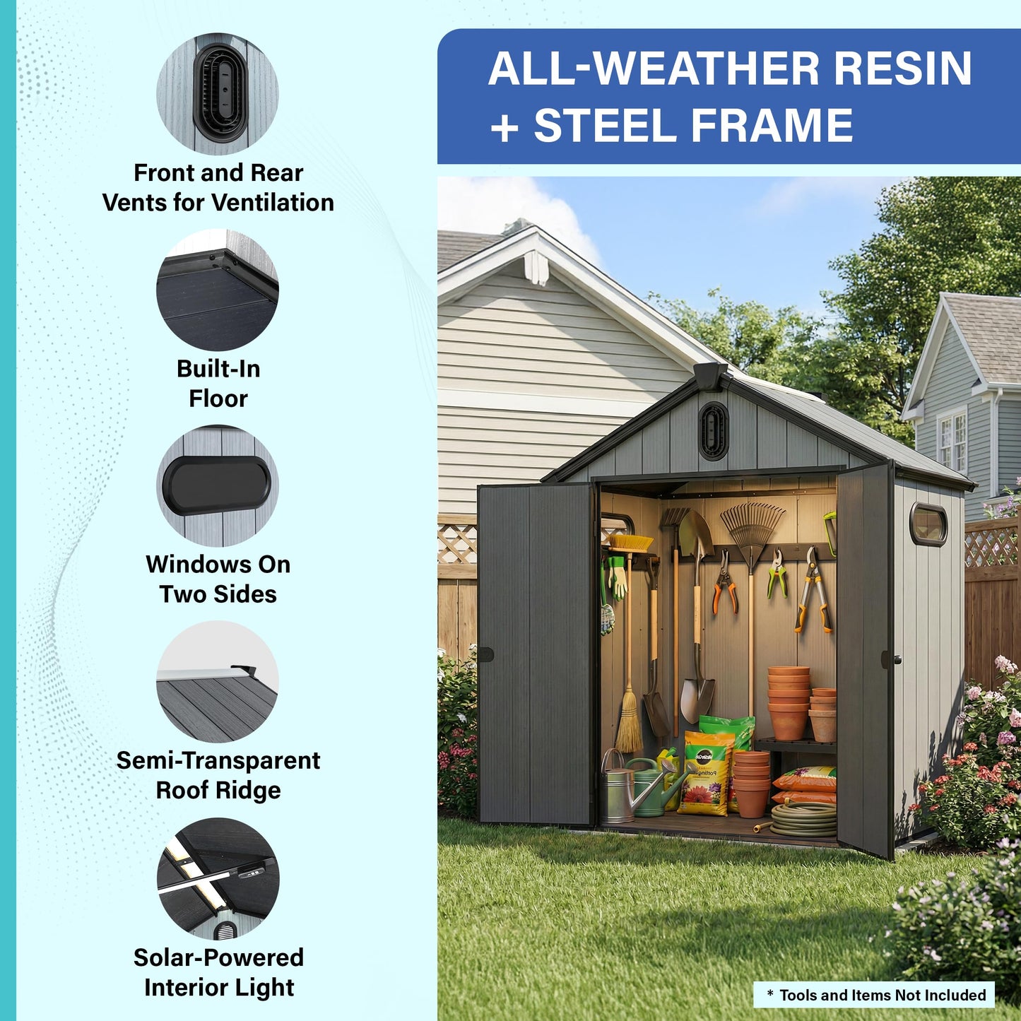Plexalife 6×4 Heavy-Duty Outdoor Resin Plastic Storage Shed for Garden, Backyard, Patio, Lawn, with Windows, Double Doors, Ventilation and Solar Lighting, Weatherproof, Light Grey