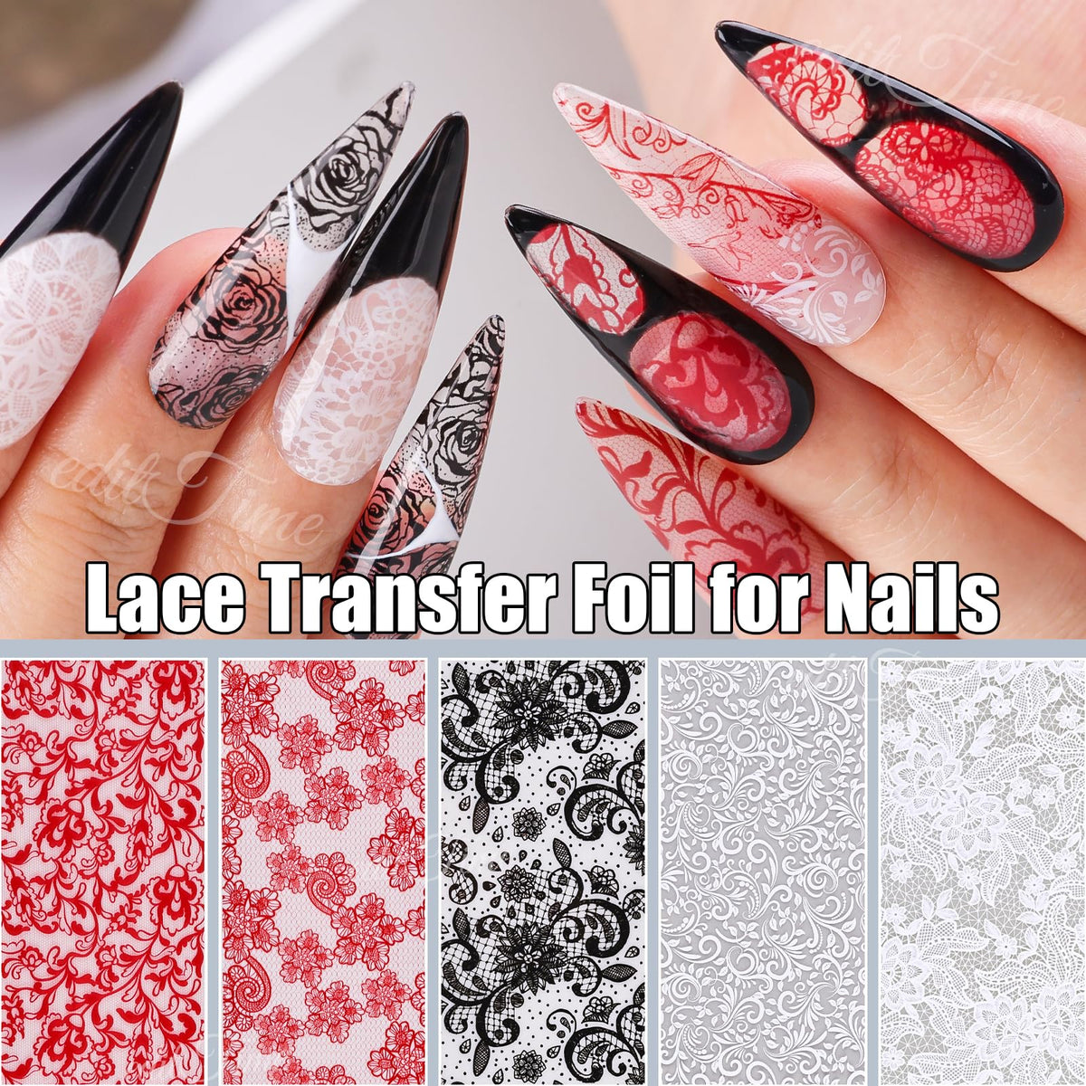 Lace Nail Foil Transfer Sheets, 10 Rolls Black White Red Flower Nail Art Transfer Foils Decals, Flower Nail Art Foils Decals Holographic Foils for Nails Manicure DIY (10 Rolls Red+Black+White)