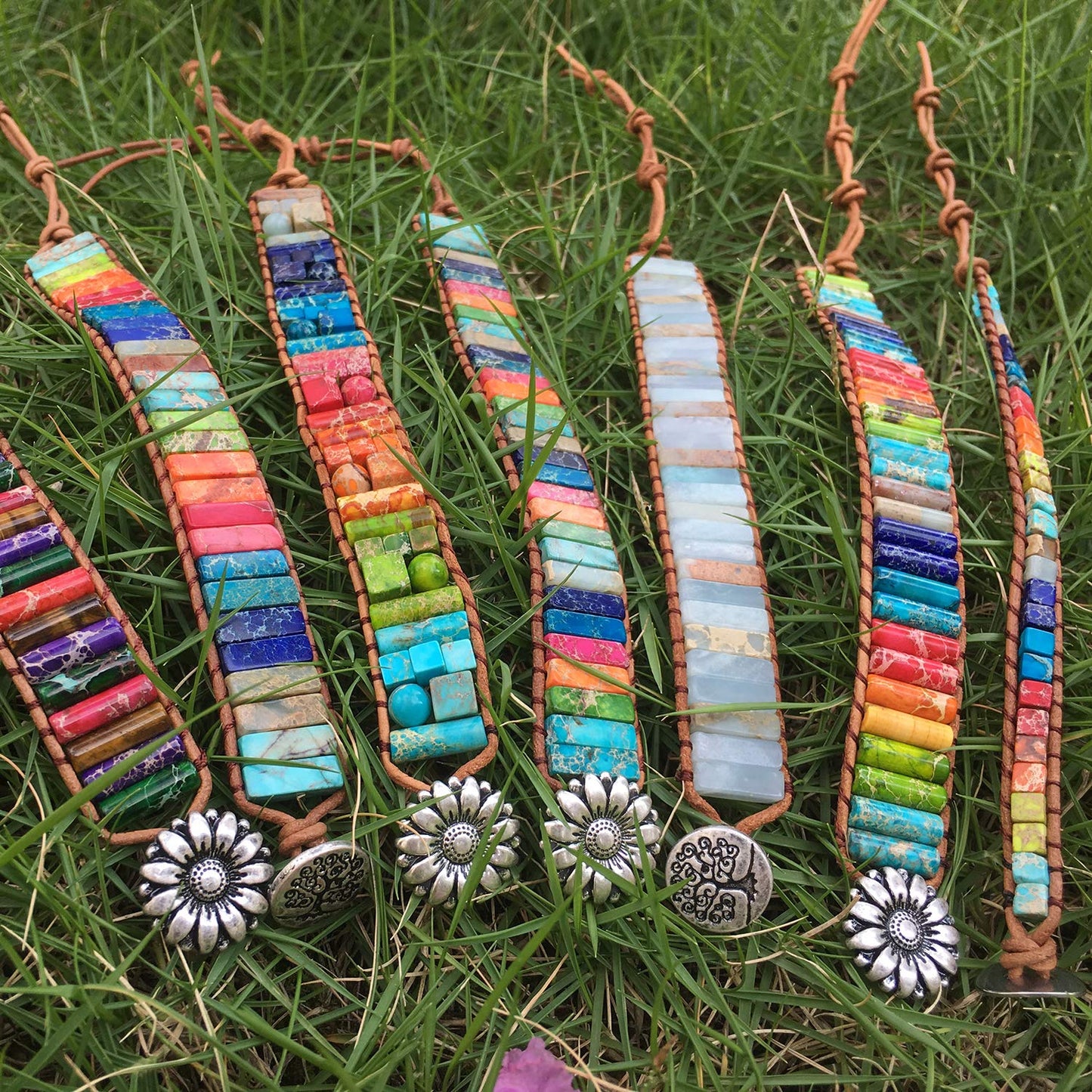 Fashion Gemstone Handmade Jewelry Multicolor Yoga Friendship Boho Leather Rectangle Stone Healing Sunflower Button Wrap Bracelet