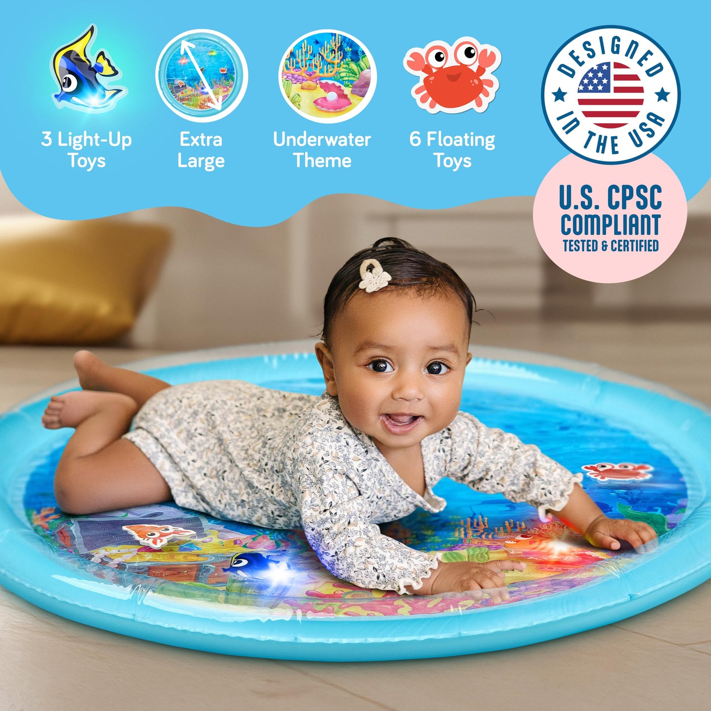 SplashEZ Lights Up Tummy Time Water Mat for Babies, 30" X-Large Baby Water Mat Tummy Time for Sensory Play with LED Glowing Fishes, Inflatable Fun Play Pad for Infants & Toddlers 3 to 36 mo