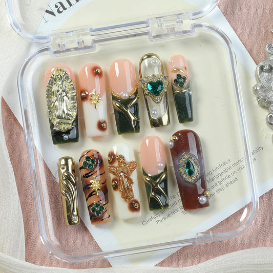 Luxury Baroque Press-On Nails 10pcs, Handmade Long Square Acrylic Nails with Sculpted Gold Relief, Gemstone Heart Charms & Pearl Details, Vintage Green Brown Glossy Design for Statement Style – Appife