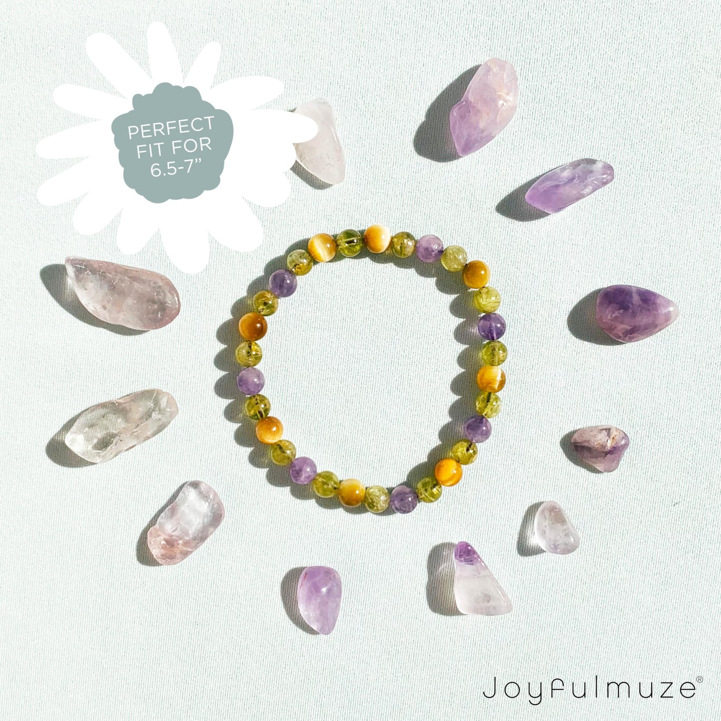 Joyfulmuze Green Peridot Yellow Tiger’s Eye Purple Amethyst, Gemstones Stretch Bracelet, Handmade Spiritual Jewelry, Healing Chakra Bracelet, Gifts for Women, 6mm, 7”(Peridot - Tiger’s Eye - Amethyst)