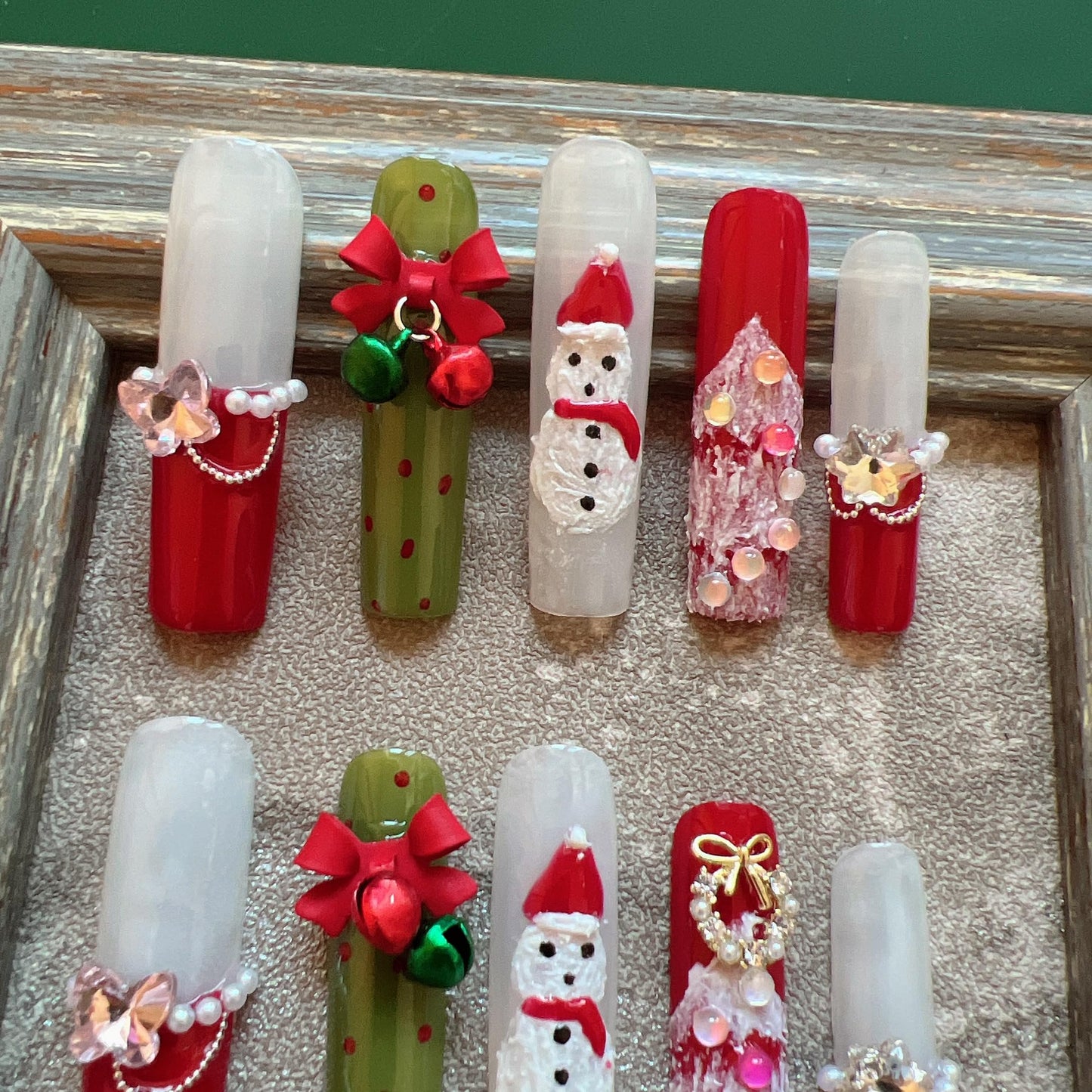 NAIL ANGEL 10PCS/SET Glamorous Handmade Press On Nails Christmas Xmas Holiday Bell Snowflake French Style Long Coffin Nails Party Nails XXL Long Artifical Tips ZJ14 (ZJ14, S)