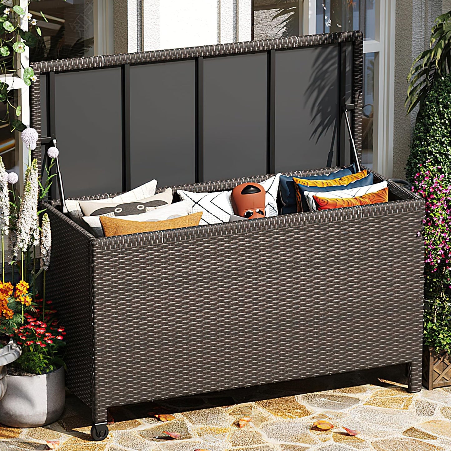185 Gallon Outdoor Deck Box,Large Storage Bins with Lid, 2 Wheels and Handles, Patio Outdoor Bench with Storage, PE Rattan Wicker Box for Store Garden Tools, Patio Furniture Cushions, Pool Supplies