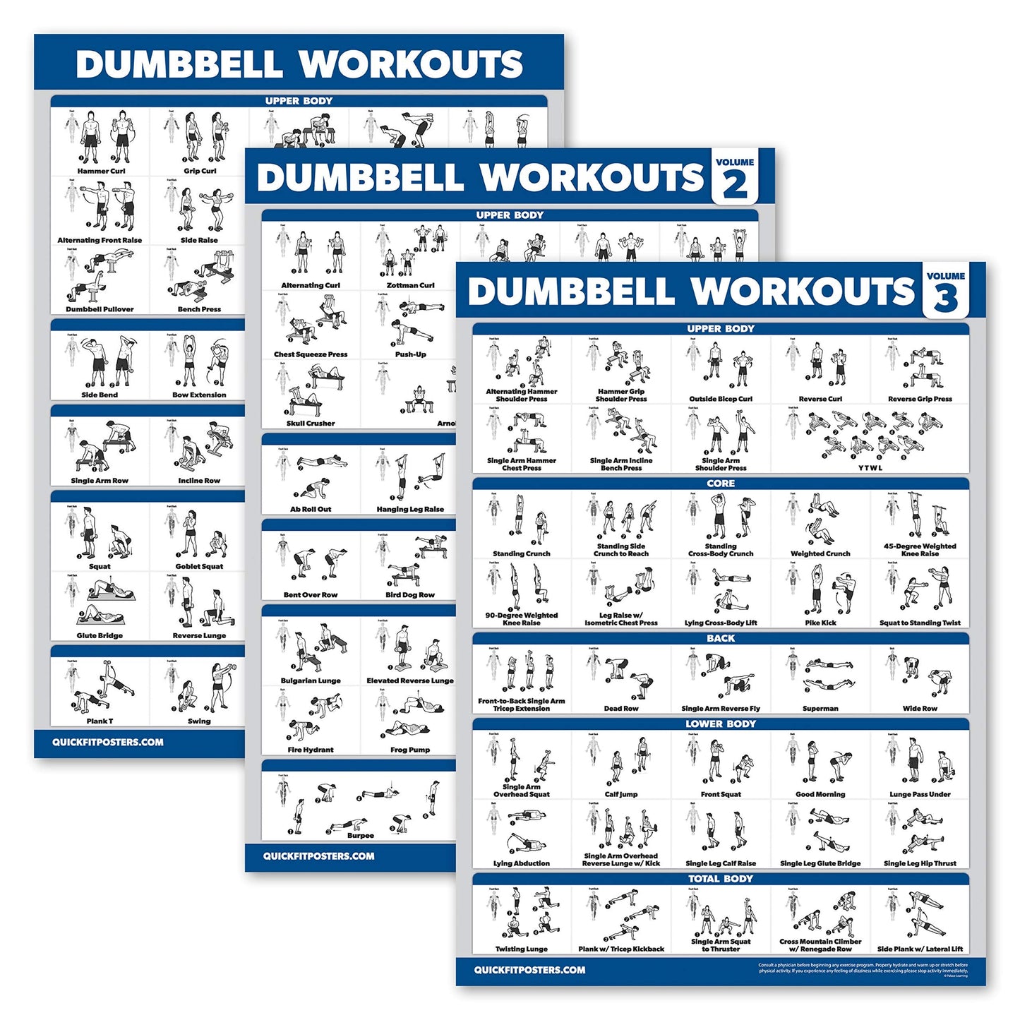 Palace Learning 3 Pack - Dumbbell Workout Posters for Home Gym - Volume 1, 2 & 3 - Exercise Charts (Laminated, 18" x 24"")"