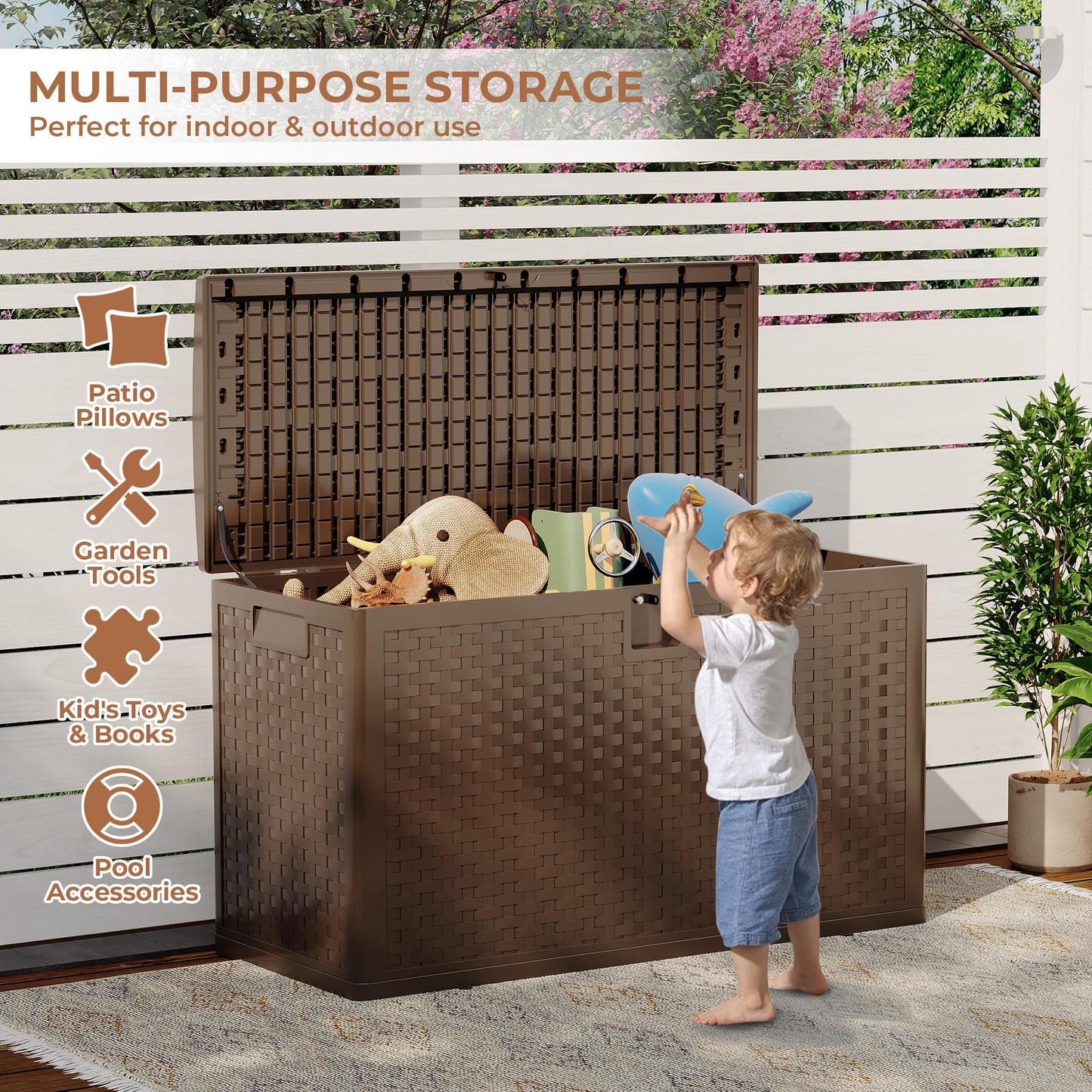 99 gal Brown Resin Deck Box, Outdoor Storage Box Waterproof Lockable, Patio Deck Box For Package Delivery, Outside Storage Box Container for Furniture Cushions, Garden Tools, Pool Accessories