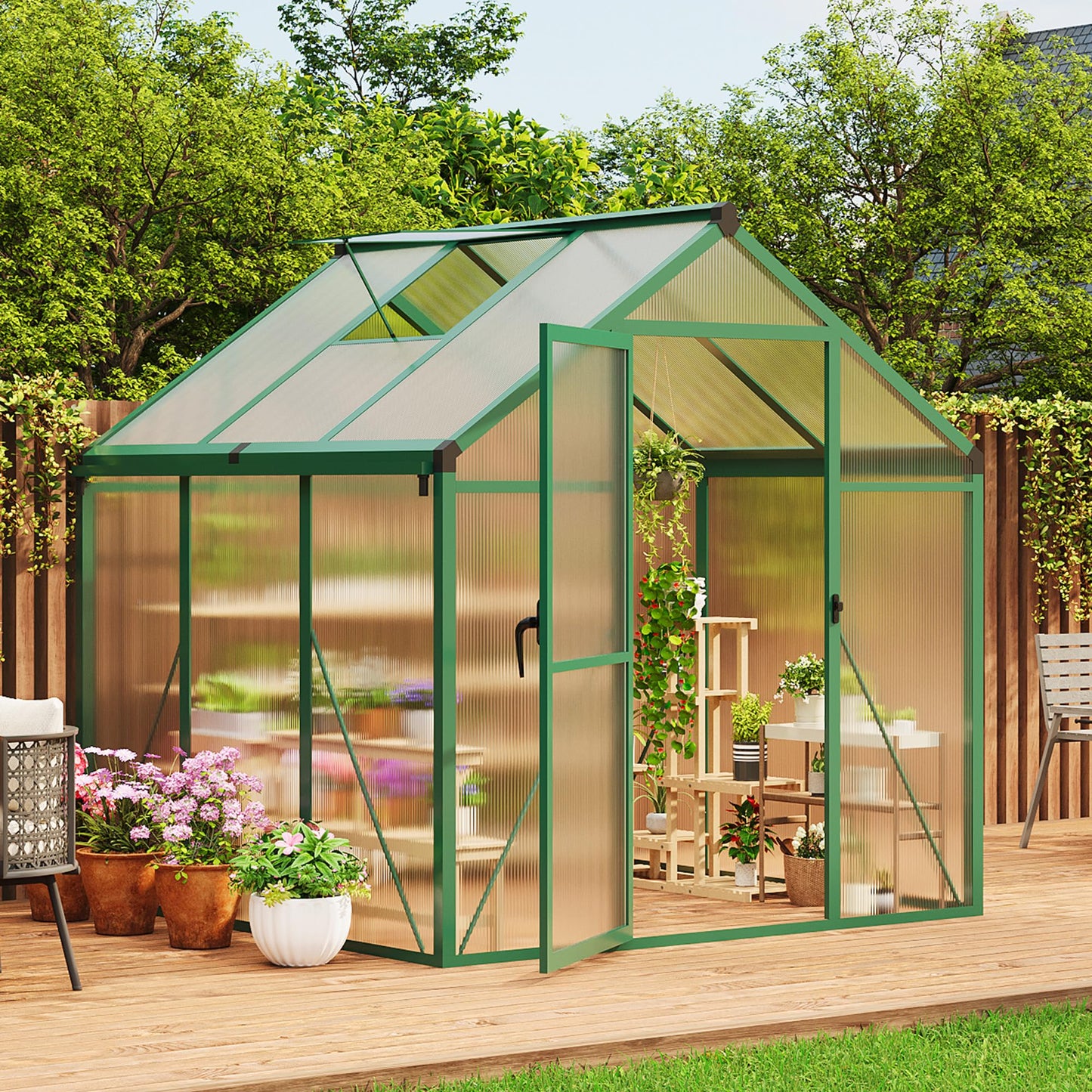 6X6 Ft Polycarbonate Greenhouse Sunroom with Aluminum Frame, Outdoor Greenhouse for Vegetables Herbs Flowers, Lockable Door & Adjustable Roof Vent, Patio Backyard Greenhouse Kit for Gardening, Green