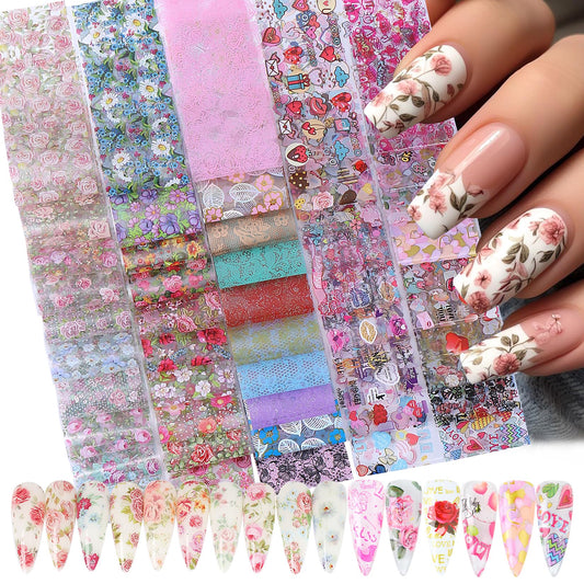 Rose Flower Nail Foil Transfer Nails Art 50PCS Valentine's Day Nail Art Foils Sheets Love Heart Lips Designs Stickers Starry Sky DIY Valentines Decals for Women Acrylic Supplies Manicure Decoration
