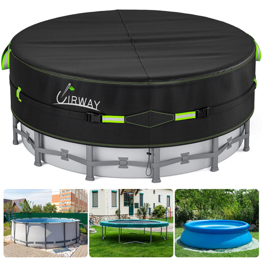 UIRWAY 12 Ft Round Pool Cover with Reflective Strips, Swimming Pool Cover for Above Ground Pools, Solar Cover Including Rope Tie and Luminous Ground Nails, PU Tarp Snug Fit for UV Protected