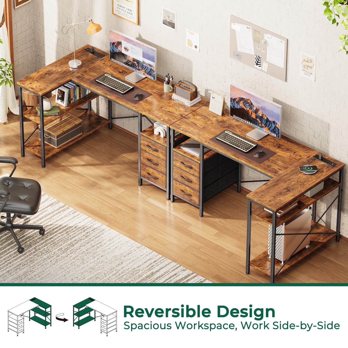 Huuger L Shaped Office Desk with Power Outlets, 47 Inch Computer Desk with 3 Drawers, Shelves, for Gaming, Corner Work, Home Office, Study, Rustic Brown