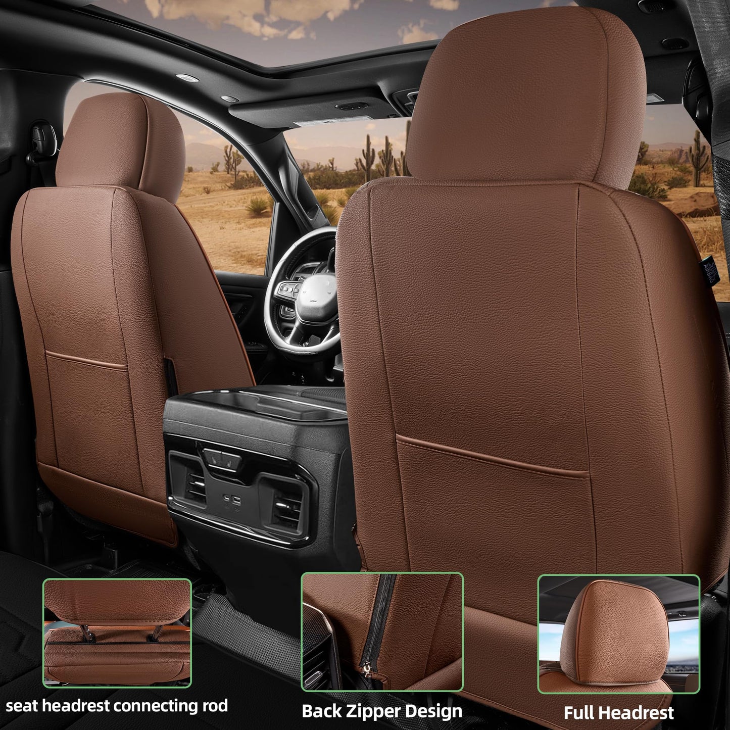 Red Rain Brown Leather Car Seat Cover for Chevy Silverado 2019-2025 1500 2500 3500 Crew Cab Double Extended Regular Cab LT LZT RST Trail Boss, GMC Sierra 2020-2026 (Silverado-Brown+Orange-2019/2025)