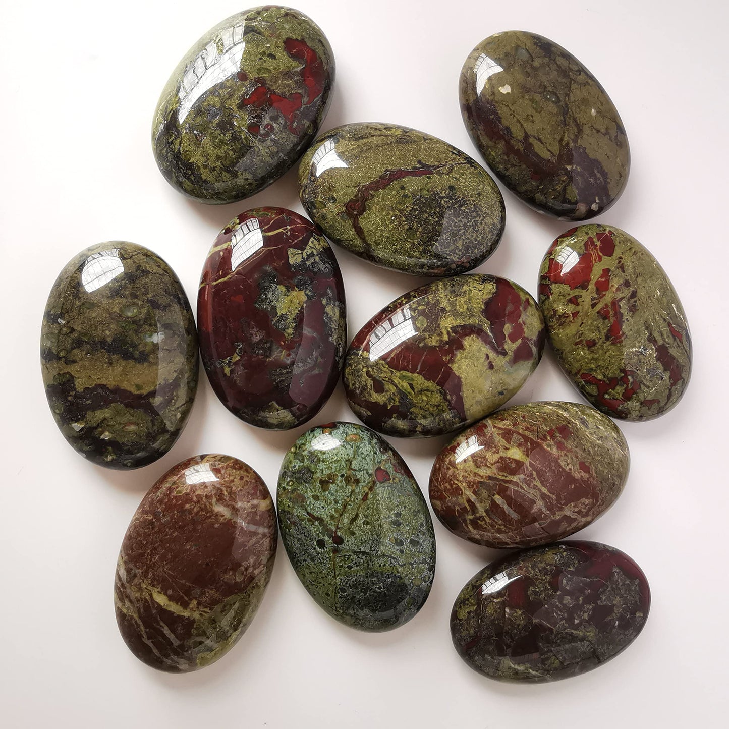 Loveliome Natural Dragon Bloodstone Oval Polished Worry Stones, Healing Crystal Indoor Fountain Stones Massage Energy Anxiety Relief Items