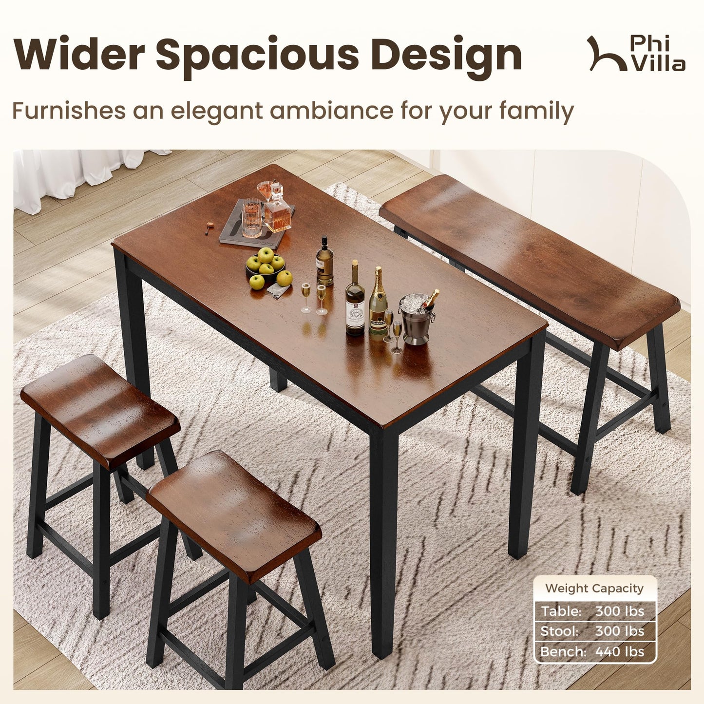 PHI VILLA Counter Height Table and Chairs, Solid Wood Dining Table Set for 4, High Top Kitchen Table Chairs Set of 4, Farmhouse Kitchen Table Set with Bench and Chairs, Walnut with Black