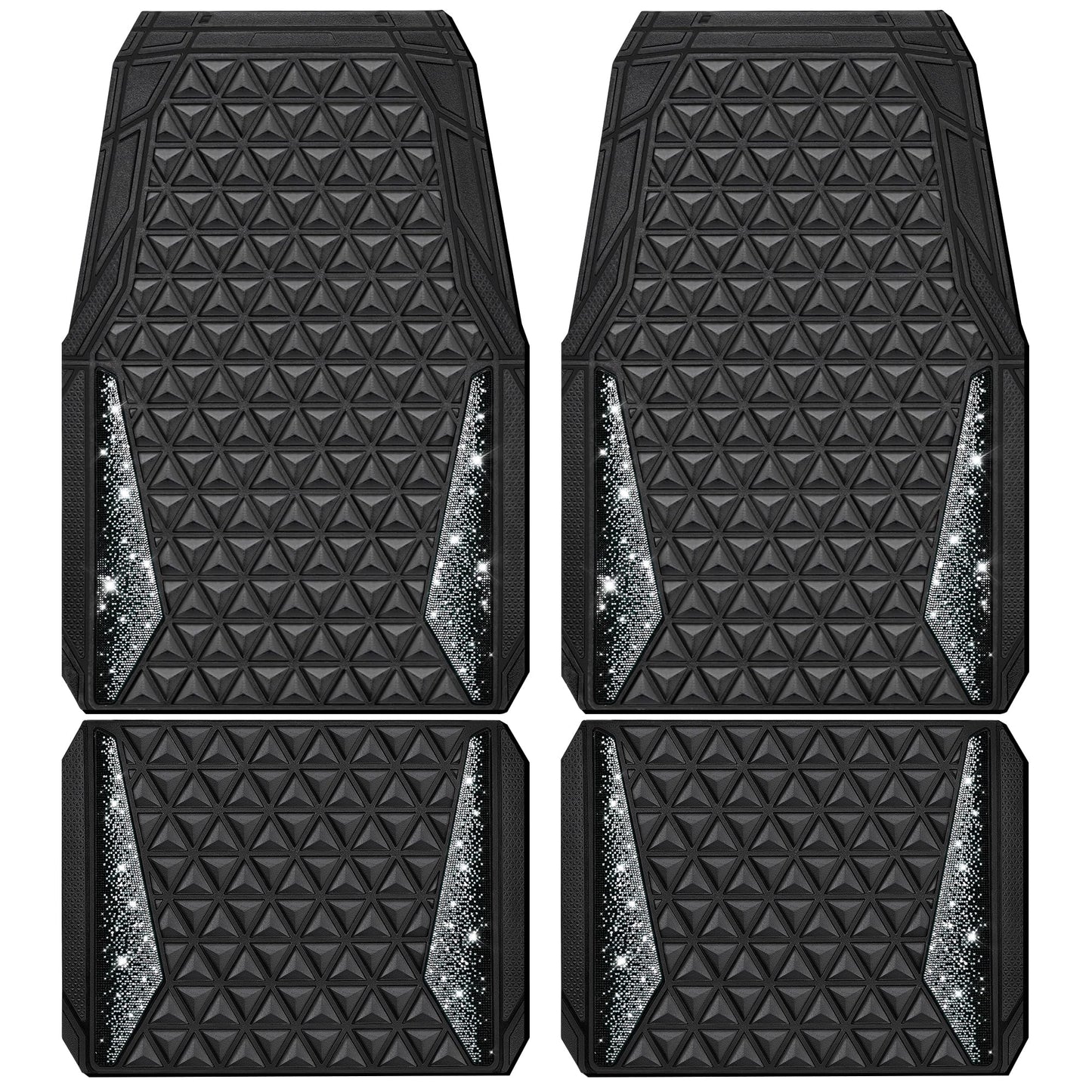 CAR PASS Bling Diamond Car Mats Rubber Floor Mats Full Set Anti-Slip 3D Rhombus Waterproof Trim to Fit Liner Universal Glitter Crystal Sparkly Shining Rhinestone Girl Women SUV Sedan Van, Black Silver