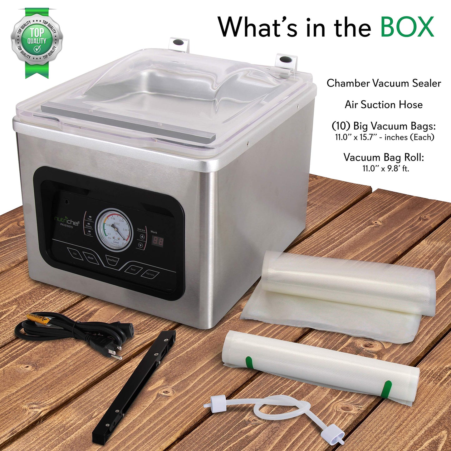 NutriChef 350W Vacuum Sealer Machine - 8L Chamber Commercial Food Sealer, Automatic Meat Packing and Sous Vide System with Digital Control, Includes Vacuum Roll Bags