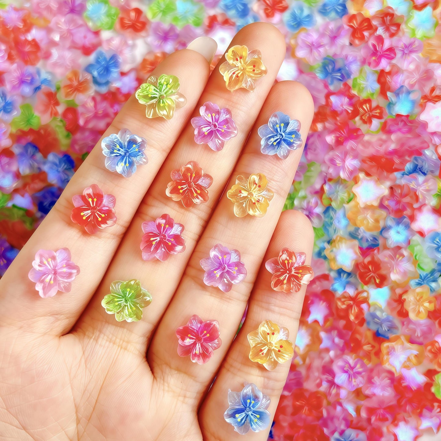 100PCS Glitter Peach Blossom Nail Art Charms 3D with Ice Clear Powder Flowers Mixed Spring Summer Jelly Color Floral Diamond Nail Jewelry Tiny Flowers Nail Design for Women Manicure Supplies
