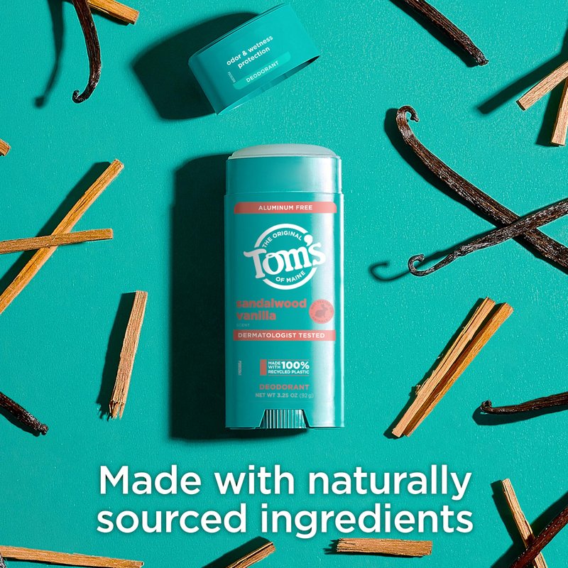Tom’s of Maine Sandalwood Vanilla Aluminum Free Natural Deodorant For Women & Men | Goes on Clear | Odor & Wetness Protection | Naturally Derived and Moisture-Locking Ingredients | 3.25 oz