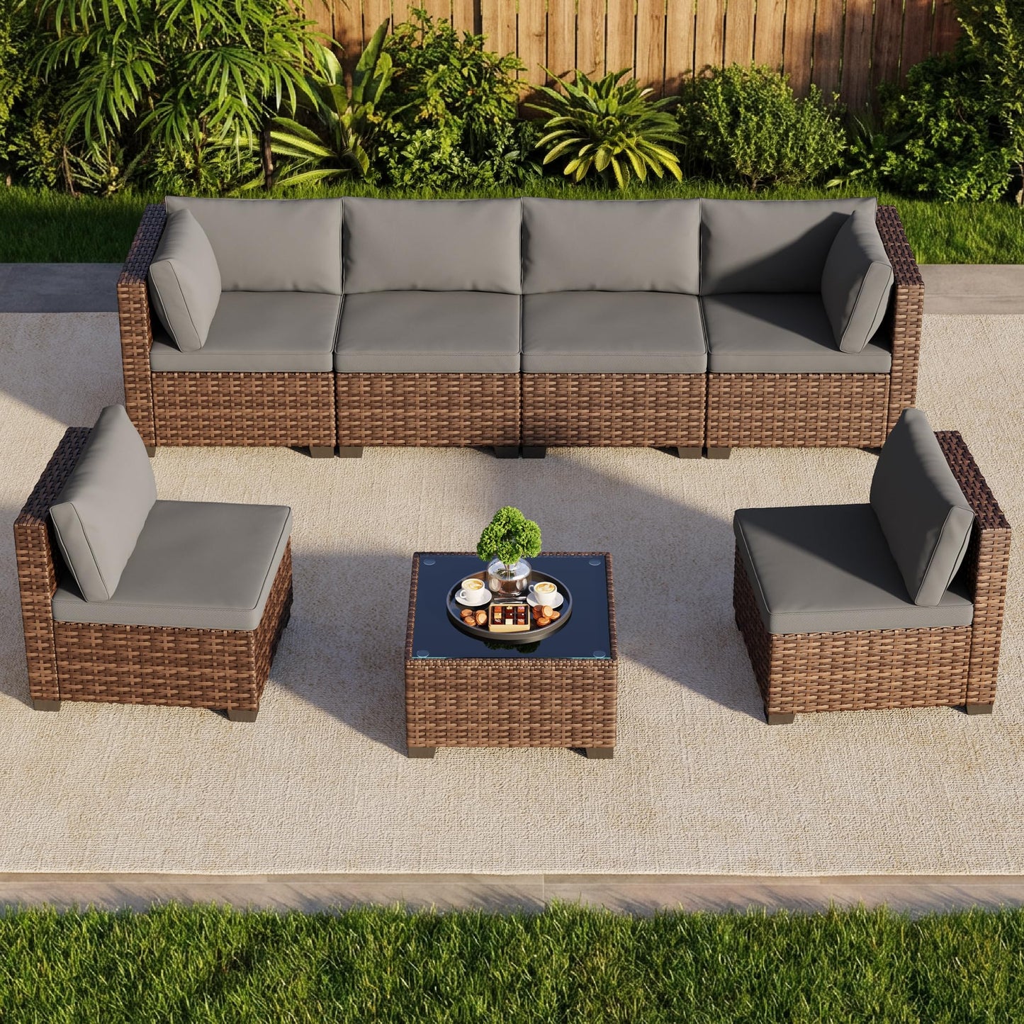 Qsun 7 Pieces Patio Furniture Set, Outdoor Sectional Rattan Sofa Set, Wicker Patio Conversation Set with Cushions and Glass Coffee Table, for Balcony, Porch, Garden, Grey