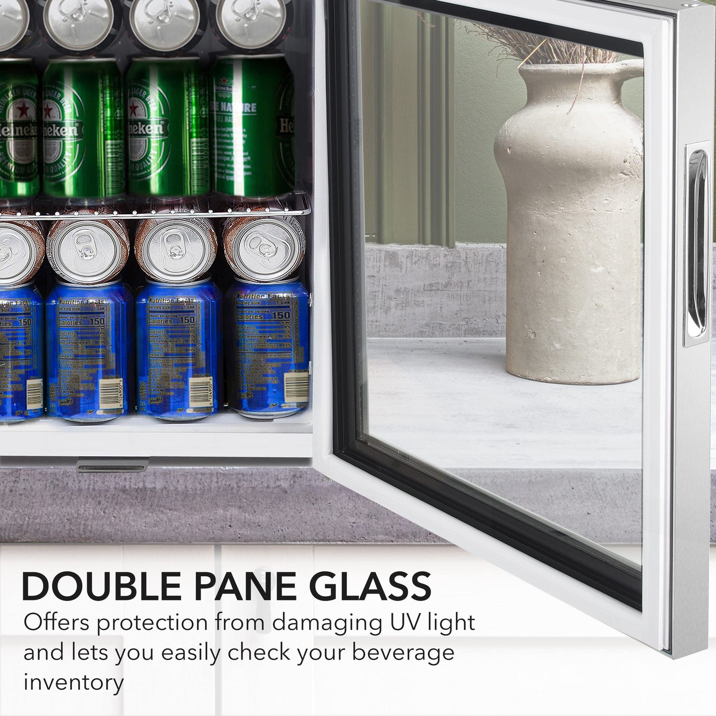 Whynter Beverage Refrigerator with Double-Layer Glass Door, 68-Can 1.6 Cu Ft Freestanding Drink Mini Fridge, BR-062WS, Stainless Steel