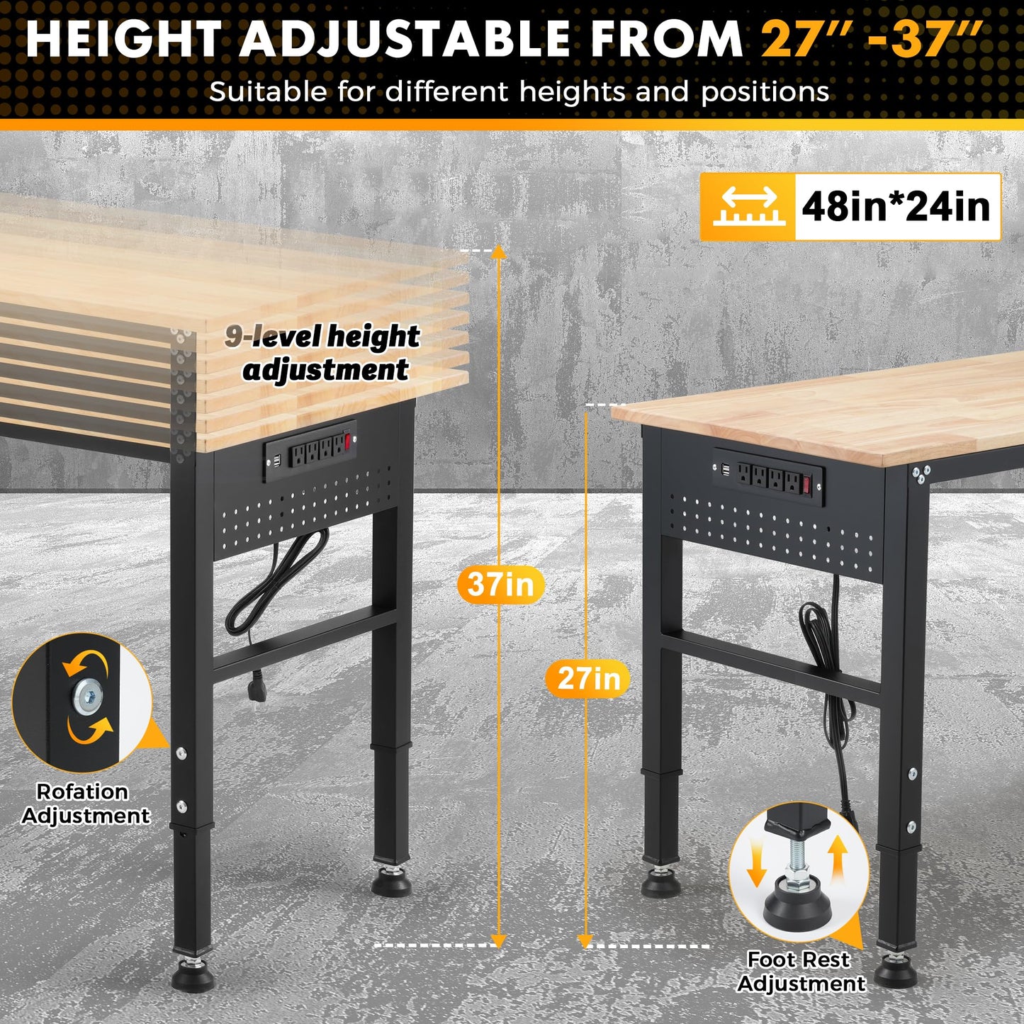 48" Adjustable Workbench with Rubberwood Top & Power Outlet,Large 48 x 24 Inch 9-Level Height Range 27"-37", 2000 LBS Heavy Duty Capacity for Workshop, Office, Garage, Home