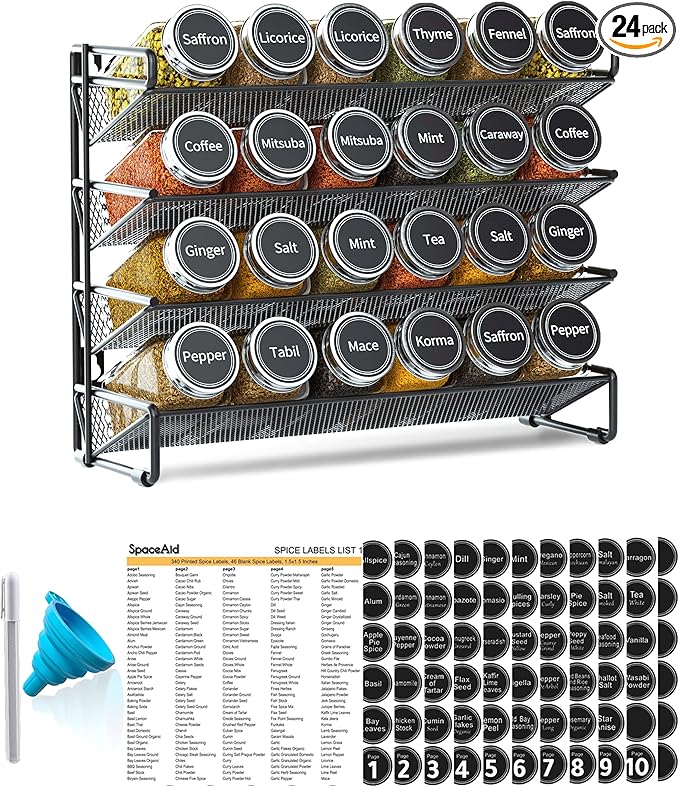 SpaceAid Spice Rack Organizer with 24 Spice Jars, 386 Spice Labels, Chalk Marker and Funnel Set for Cabinet, Countertop, Pantry, Cupboard or Door & Wall Mount -24 Jars, 11.8" W Ã 10.8" H, Black