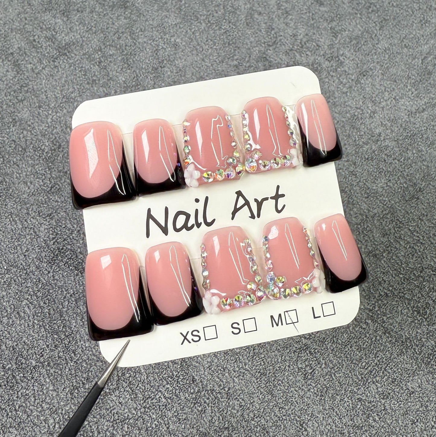 Handmade Press on Nails Muti-Layer Gel Acrylic Nail Short Duck Black French Tip Fake Nails Flower & Rhinestones Designs Luxury Handmade False Nail Art Full Cover Thickened Stick on Nails for Women (M)