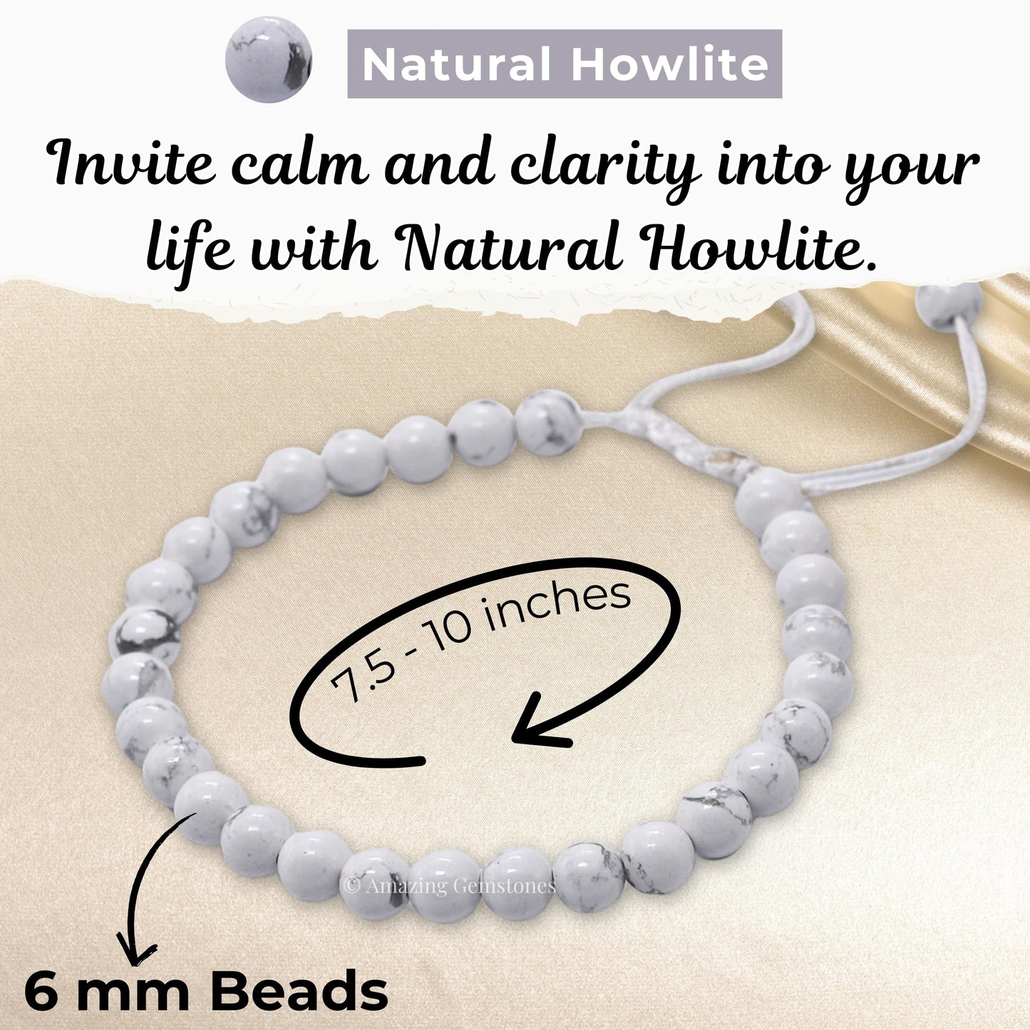 Amazing Gemstone Howlite Bracelet, Gifts For Men & Women - Protection Healing Crystal Bracelet - 6mm Gemstone Beaded Adjustable Bracelet, Pulseras Para Hombres Mujer Stocking Stuffers