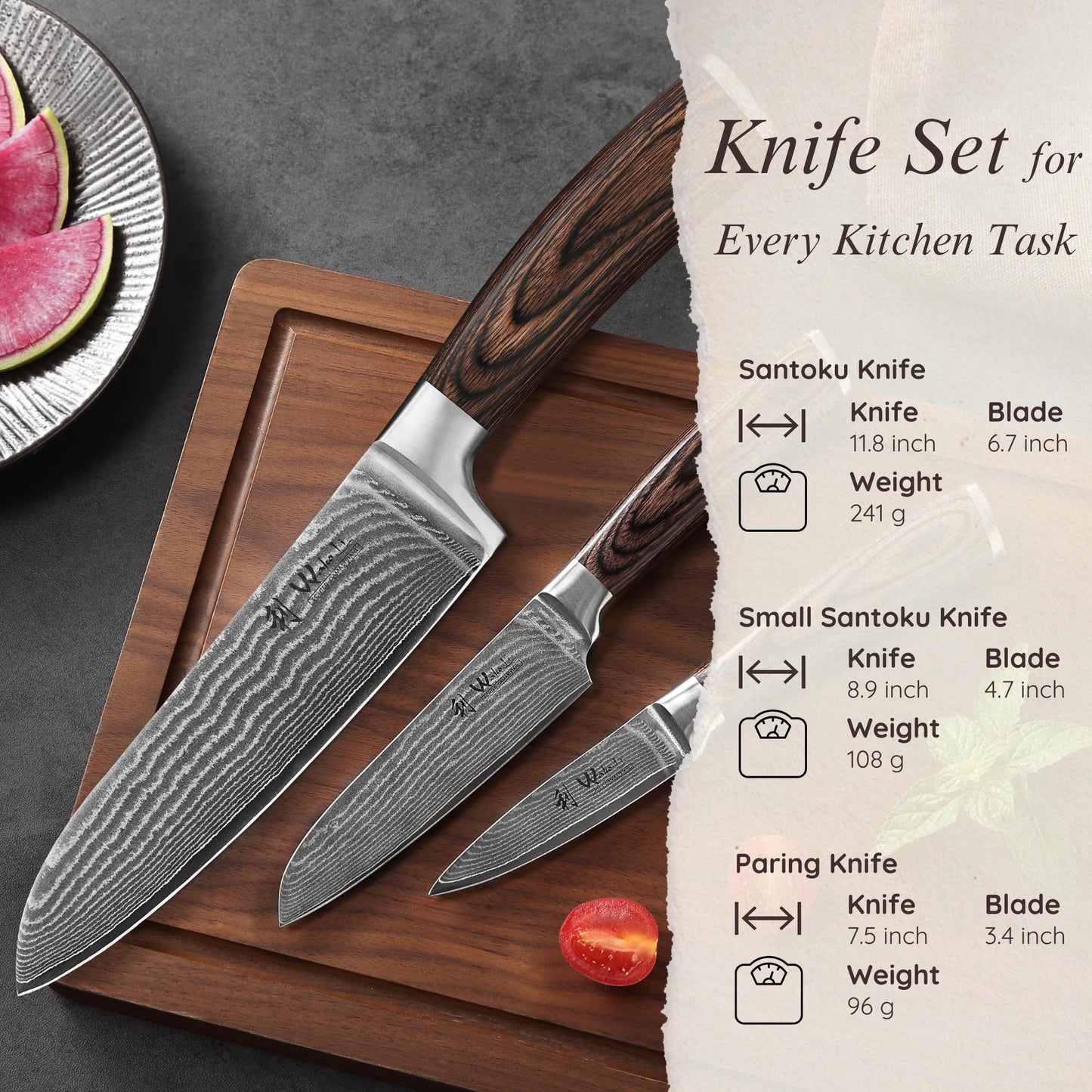 Wakoli EDIB 3-Piece Damascus Kitchen Knife Set in Wooden Gift Box, Razor Sharp Genuine Damascus Steel (VG10 Core), Includes Santoku, Small Santoku and Paring Knife, Ergonomic Pakkawood Handle