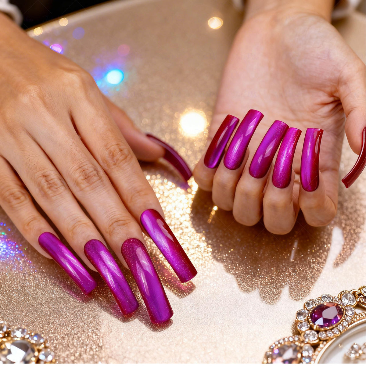 IntoVibes Purple Shimmer Press On Nails XL Handmade Curved Down Groove Design, Metallic Plum Long Nails, Reusable Fake Nail Tips, Salon Quality for Special Occasions, Square Acrylic Nails (L)