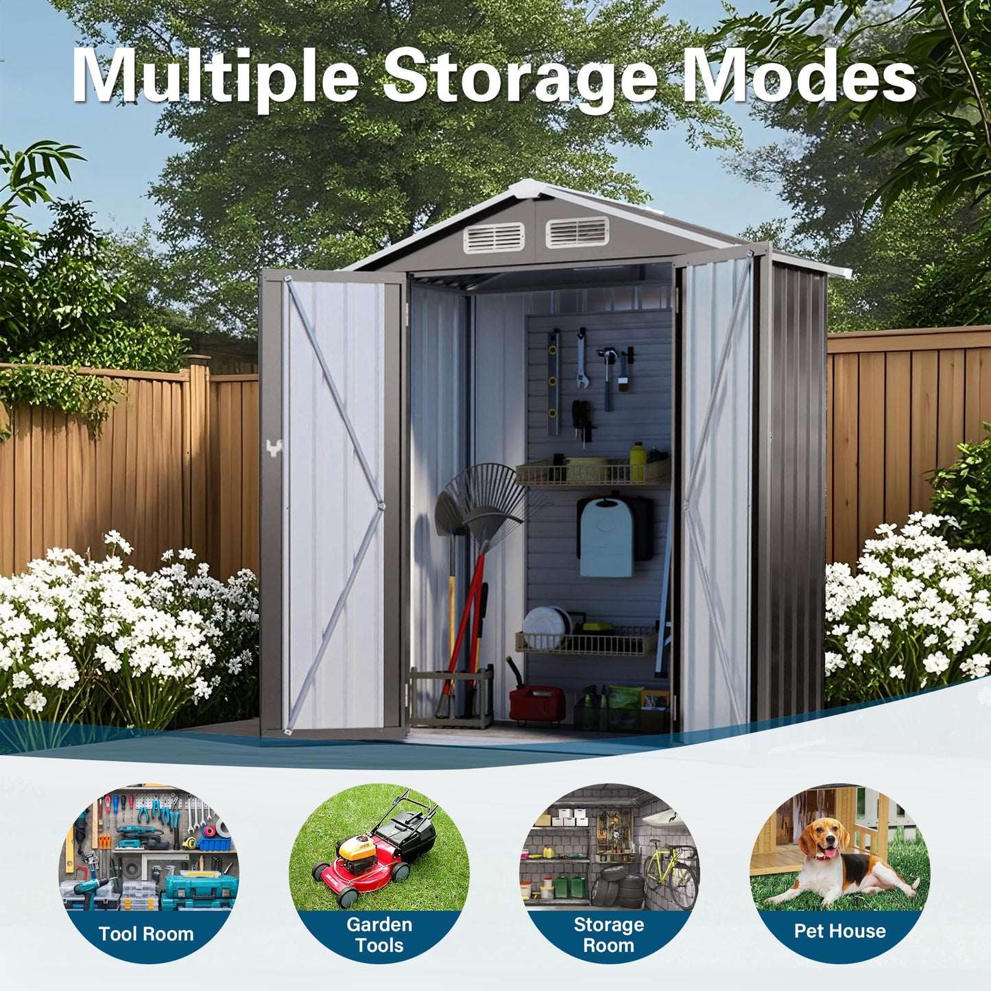 Caroluck 5x3 FT Metal Outdoor Storage Shed All-Weather Tool Shed with Peaked Waterproof Roof Lockable Door for Garden, Patio, Backyard & Lawn Organization, Gray