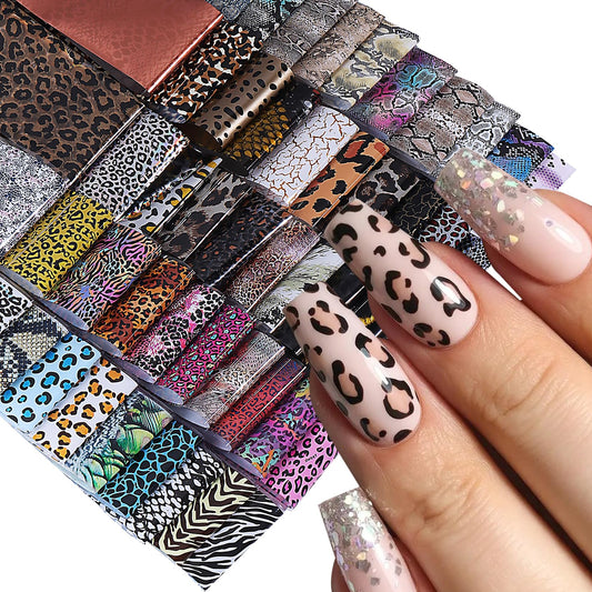 Leopard Transfer Foils for Nails 50 PCS Animal Skin Nail Art Foil Stickers for Women DIY Fingernails Winter Cheetah Snake Print Starry Paper Manicure Decor Accessories for Acrylic Supplies