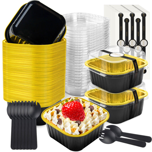NPLUX 50 Pcs Mini Square Baking Cups with Lids and Spoons Aluminum Foil Mini Cake Pans with Lids Disposable Ramekins Cake Pans Dessert Cups for Wedding Birthday Party(Black Gold,5oz)