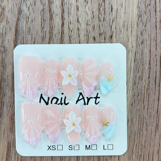 Threelegscat Pink Press on Nails Medium Almond 3D Flower& Starfish with Design Handmade Reusable Fake Nails for Woman Daily &party Size M 10PCS
