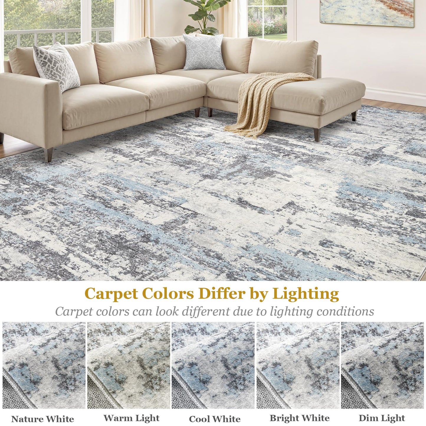 Area Rugs for Living Room: 8x10 Abstract Washable Rug Modern Neutral Large Soft Stain Resistant Non-Slip Backing Machine Table for Bedroom Dining Room Indoor Home Office Carpet - Blue Grey