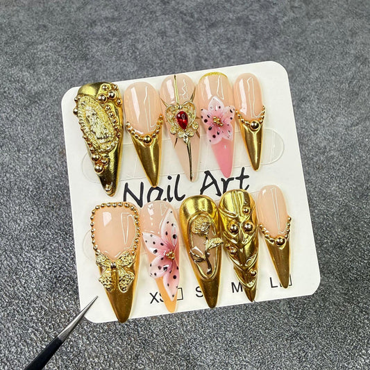 Threelegscat Handmade Press on Nails Long Almond Shape Fake Nails Stiletto Nail With Design for Women and Girls 10pcs Size M Pattern St1158