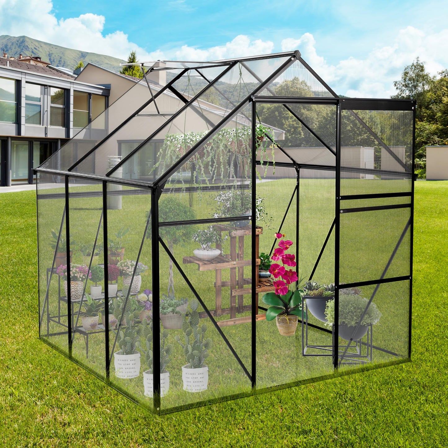 Lovtimber 6X6FT Polycarbonate Greenhouse, All Season Heavy Duty Walk-in Garden Plants Green House for Outdoor Backyard, Raised Base and Anchor Aluminum, Black